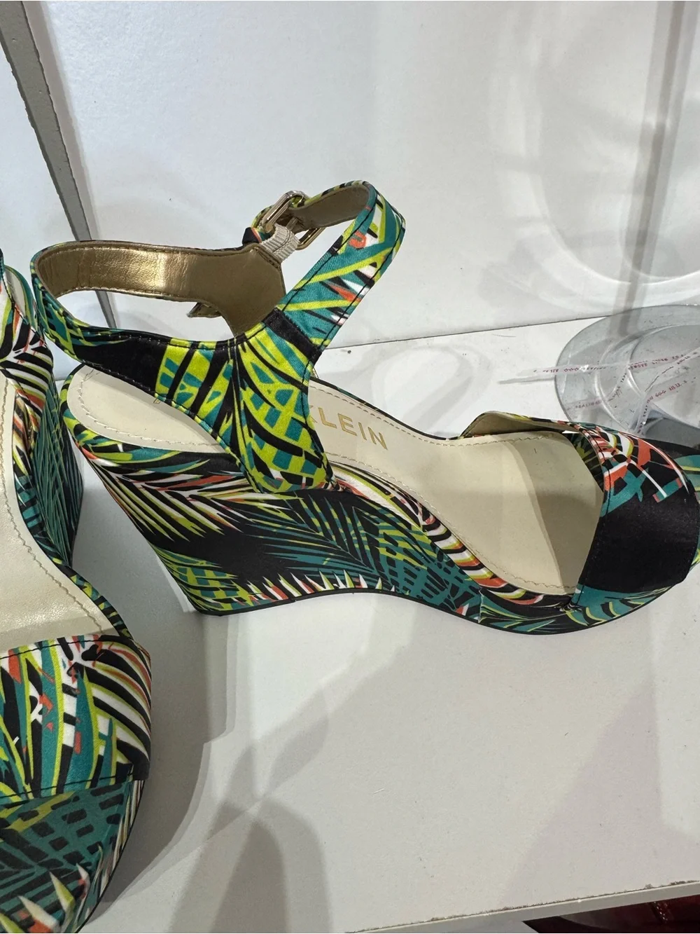 Anne Klein Tropical Leaf Print Ankle-Strap Sandals in Green and Black